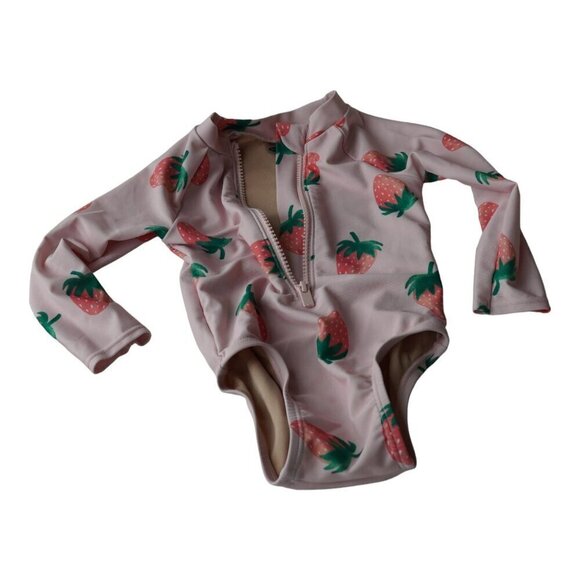 EUC‎ Strawberry Print Long-Sleeve Zip Rashguard for Toddler Girls Sz 12-18M - Picture 3 of 6
